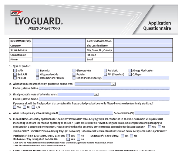 LYOGUARD Freeze-Drying Trays Application Questionnaire